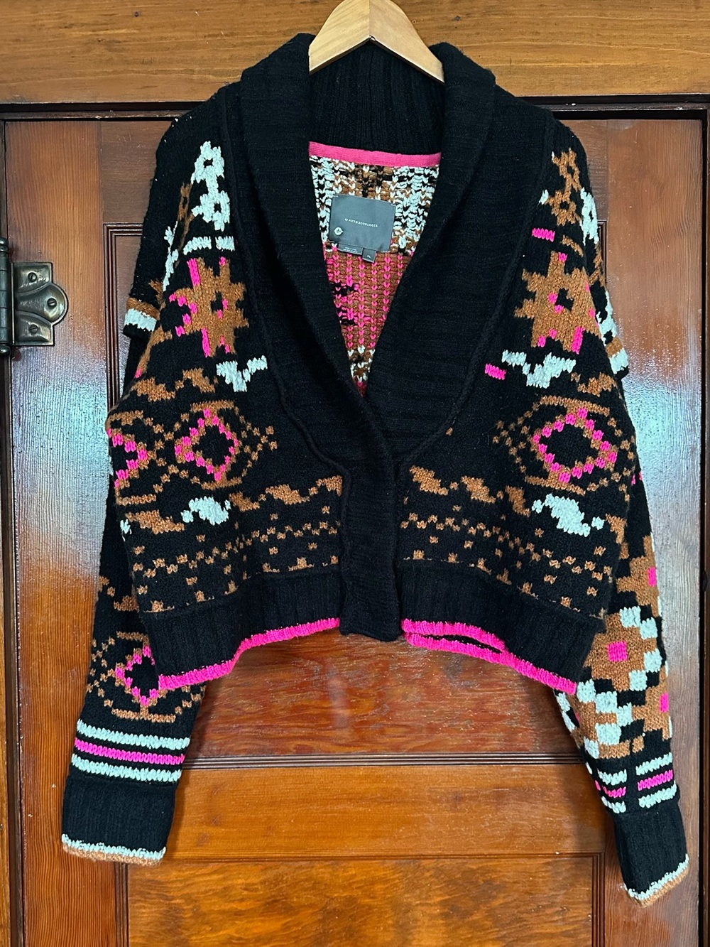 Anthropologie Neon Shawl Collar Thick Knit Cropped Cardigan Sweater Size XL Boho